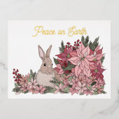 Vrede op aarde konijn in Poinsettias Kerstmis Folie Feestdagen Briefkaart (Voorkant)