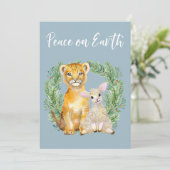 Vrede op aarde Leeuw Lam Schattig Feestdag Feestdagenkaart (Staand voorkant)