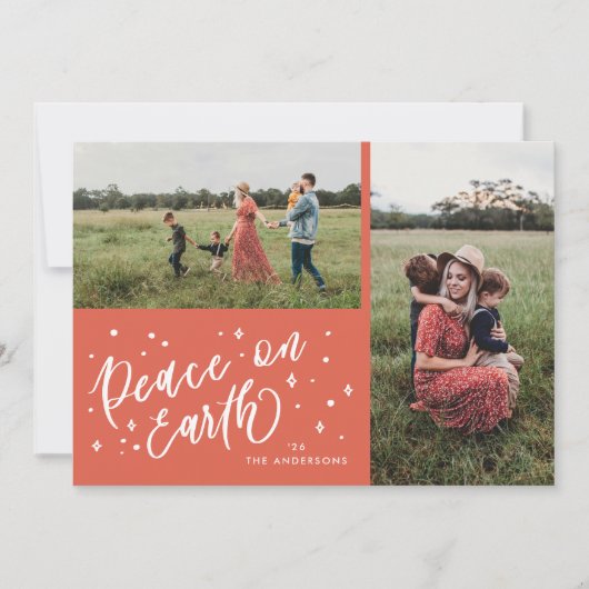 Vrede op Aarde Lettering Christmas Two Foto Feestdagenkaart (Voorkant)