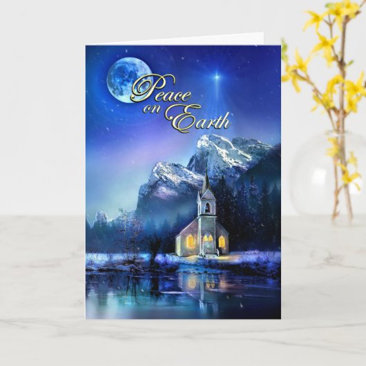 Vrede op aarde met kerk en maan kerstkaart kaart (Gele Bloem)