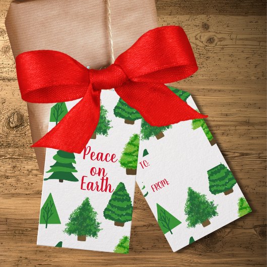 Vrede op aarde met kerstbomen cadeaulabel