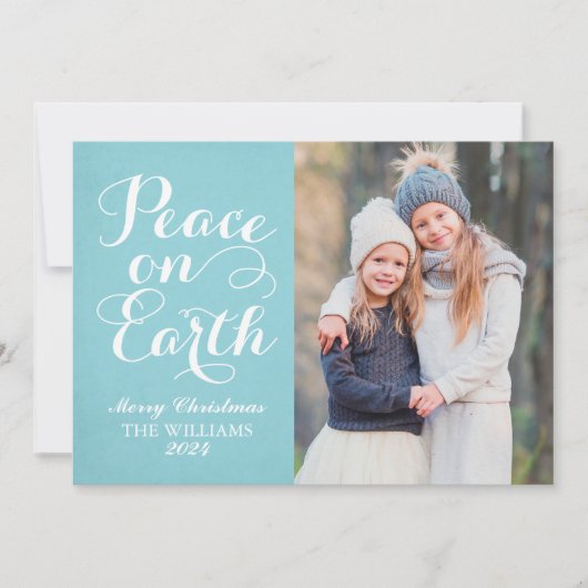 Vrede op aarde mooi script Aqua Photo Holiday Feestdagenkaart (Voorkant)