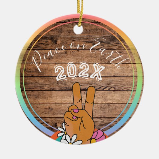 Vrede op Aarde Regenboog Aangepaste Naam- Jaar Keramisch Ornament (Voorkant)