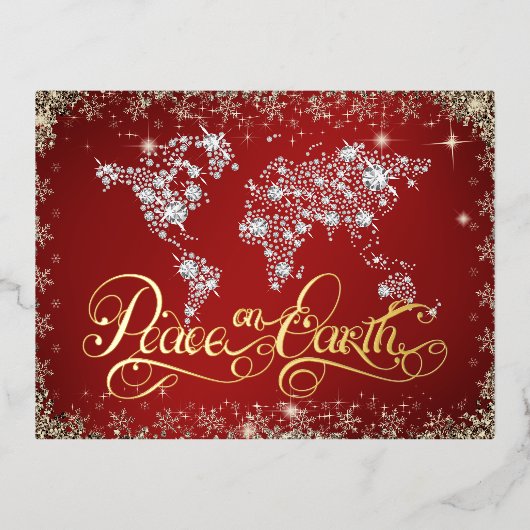 Vrede op Aarde Rood en diamanten Folie Feestdagen Briefkaart (Voorkant)