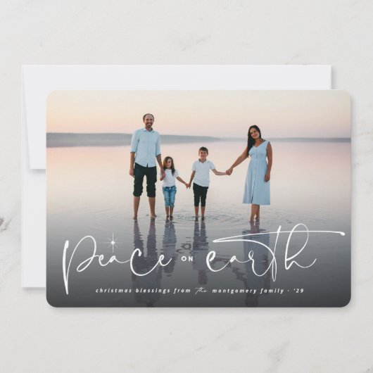 Vrede Op Aarde Script Religieuze Kerst Foto Feestdagenkaart (Voorkant)