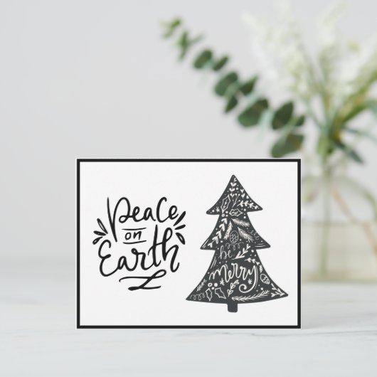 Vrede op aarde Script Zwart Wit Kerstkaart Feestdagenkaart (Staand voorkant)