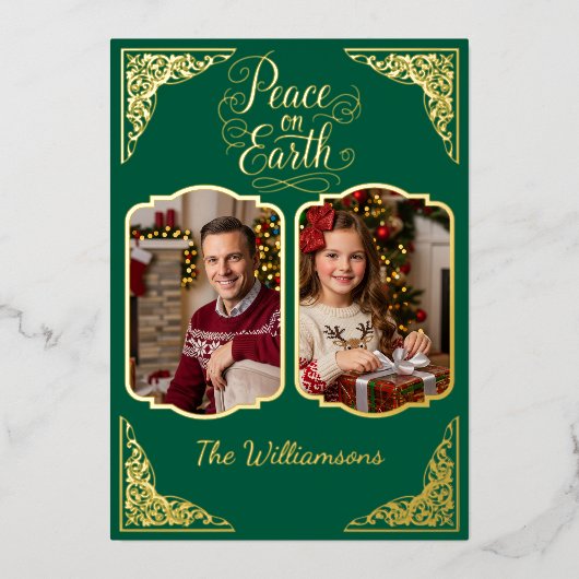 Vrede op aarde, twee delen, groen, goud folie feestdagenkaart (Voorkant)