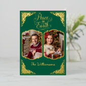 Vrede op aarde, twee delen, groen, goud folie feestdagenkaart (Staand Voorkant)