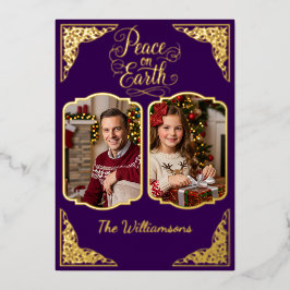 Vrede op aarde, twee picts, paarse, gouden folie feestdagenkaart