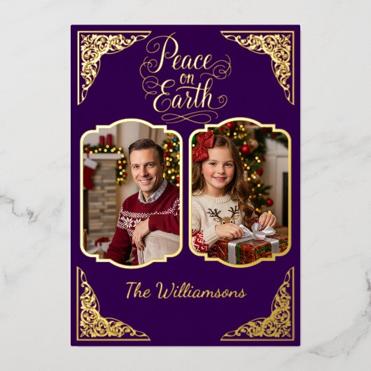 Vrede op aarde, twee picts, paarse, gouden folie feestdagenkaart (Voorkant)