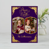 Vrede op aarde, twee picts, paarse, gouden folie feestdagenkaart (Staand Voorkant)