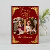 Vrede op aarde, twee picts, rood, goud folie feestdagenkaart (Staand Voorkant)
