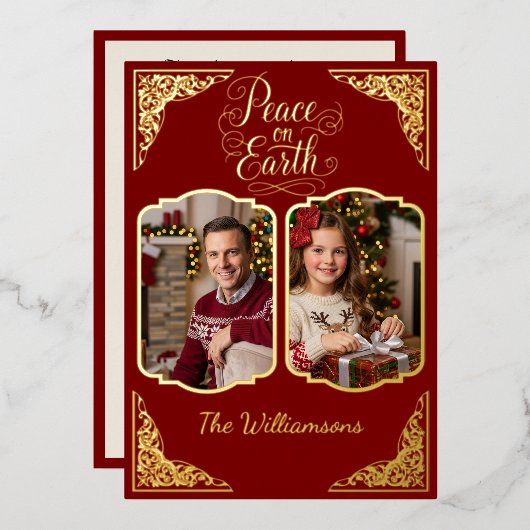 Vrede op aarde, twee picts, rood, goud folie feestdagenkaart (Voorkant / Achterkant)