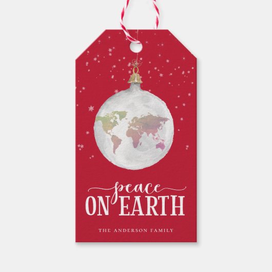 Vrede op Aarde Wereldbol Ornament Red Holiday Cadeaulabel (Voorkant)