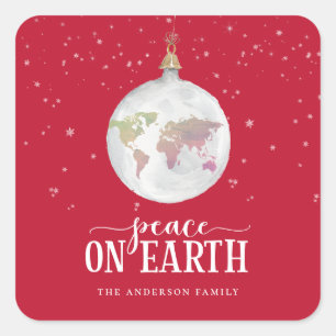 Vrede op Aarde Wereldbol Ornament Red Holiday Vierkante Sticker