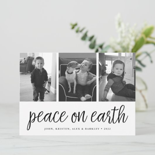 Vrede op aarde | Zwarte & Witte feestdag 3 Foto Feestdagenkaart (Staand voorkant)