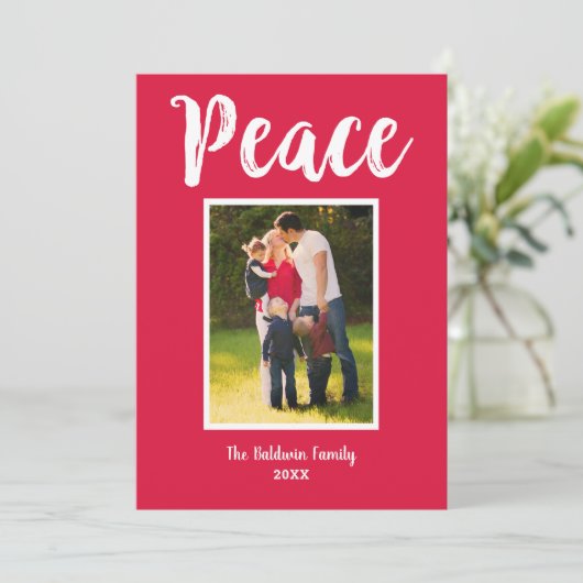 Vrede Rood Geborsteld Script Foto Feestdagenkaart (Staand voorkant)