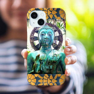 Vrede Turquoise Boeddha Foto Gouden Mozaïek Rand iPhone 15 Case