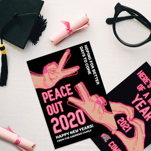 Vrede uit 2020 roze neon verlicht gelukkige nieuwe feestdagenkaart