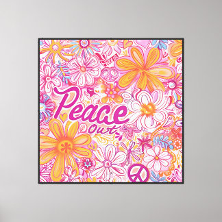 Vrede Uit Hippie Bloemig Vredesteken Retro Patroon Canvas Afdruk