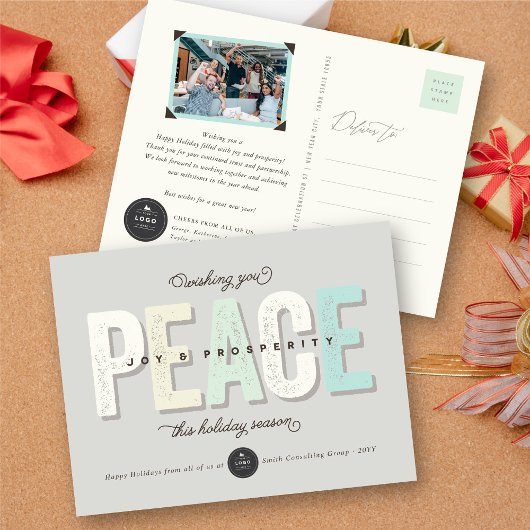 Vrede, vreugde en voorspoed, oude typografie feestdagenkaart