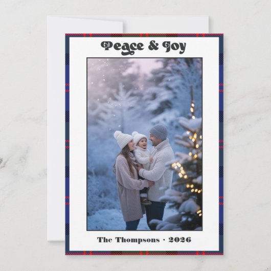 Vrede & Vreugde Gingham Plaid Familie Kerst Foto Feestdagenkaart (Voorkant)