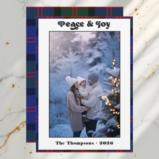 Vrede & Vreugde Gingham Plaid Familie Kerst Foto Feestdagenkaart