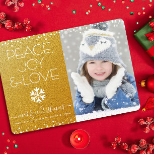 Vrede Vreugde Liefde Foto Kerstmis Sneeuwvlok Goud Feestdagenkaart