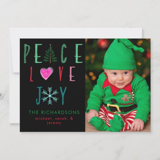 Vrede Vreugde & Liefde Foto Platte Kerstkaart (Voorkant)