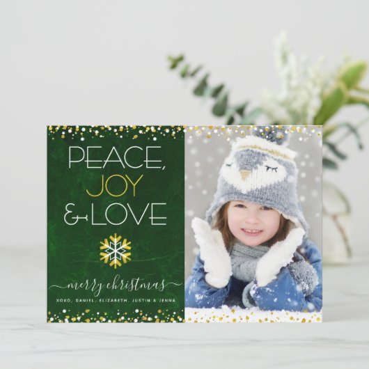 Vrede Vreugde Liefde Groene Foto Kerstmis Sneeuwvl Feestdagenkaart (Staand voorkant)