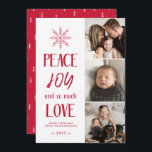 Vrede, vreugde, liefde | Rood | 3 Kerstkerst met f Feestdagenkaart<br><div class="desc">Deze stijlvolle vakantiekaart is voorzien van drie fotosjablonen,  moderne typografie en een kleurrijk,  Scandinavisch patroon op de achterkant.</div>