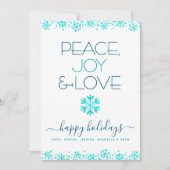 Vrede Vreugde Liefde Turquoise Sneeuwvlok Typograf Feestdagenkaart (Voorkant)