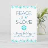 Vrede Vreugde Liefde Turquoise Sneeuwvlok Typograf Feestdagenkaart (Staand voorkant)