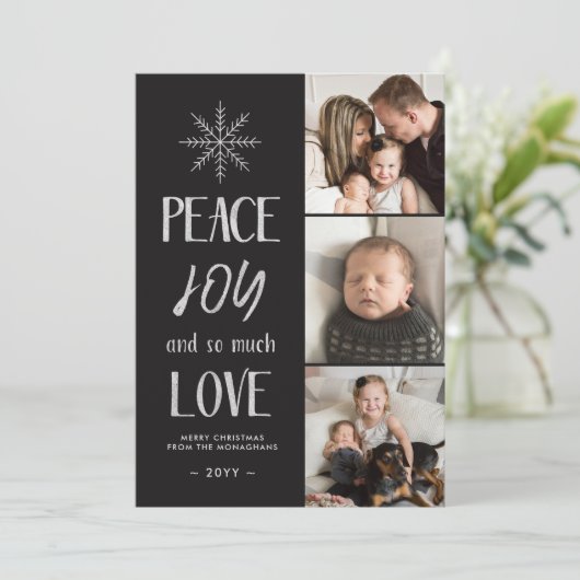 Vrede, vreugde, liefde | Zilver Black | 3 Foto Feestdagenkaart (Staand voorkant)