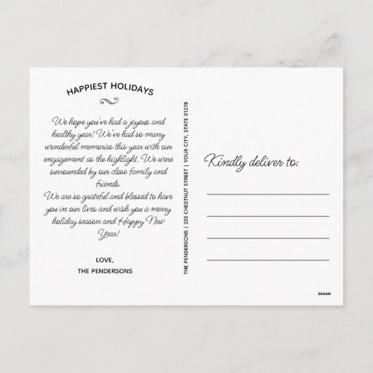 Vrede vreugde, net verloofd, kerstfoto op maat feestdagenkaart (Achterkant)