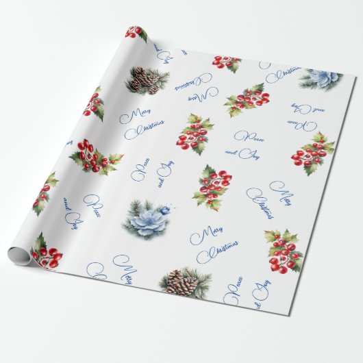 Vrede & Vreugde Prettig Kerstmis Rode Bessen op Wi Cadeaupapier (Uitgerold)