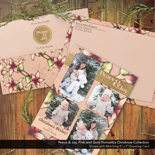 Vrede & Vreugde, Roze en Gouden Poinsettia Foto Feestdagenkaart