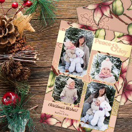 Vrede & Vreugde, Roze en Gouden Poinsettia Foto Folie Feestdagenkaart