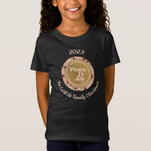 Vrede & Vreugde Roze Goud Familienaam Kerstmis T-shirt (Voorkant)