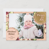 Vrede & Vreugde, Roze, Gouden Poinsettia Foto Feestdagenkaart (Voorkant)