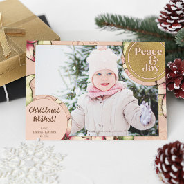 Vrede & Vreugde, Roze, Gouden Poinsettia Foto Feestdagenkaart