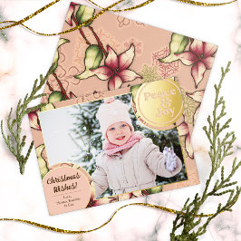 Vrede & Vreugde, Roze, Gouden Poinsettia Foto Folie Feestdagenkaart