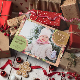 Vrede & Vreugde, Roze, Groen, Gouden Poinsettia Fo Feestdagenkaart