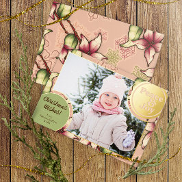 Vrede & Vreugde, Roze, Groen, Gouden Poinsettia Fo Folie Feestdagenkaart