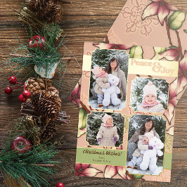 Vrede & Vreugde, Roze, Groen, Gouden Poinsettia Fo Folie Feestdagenkaart