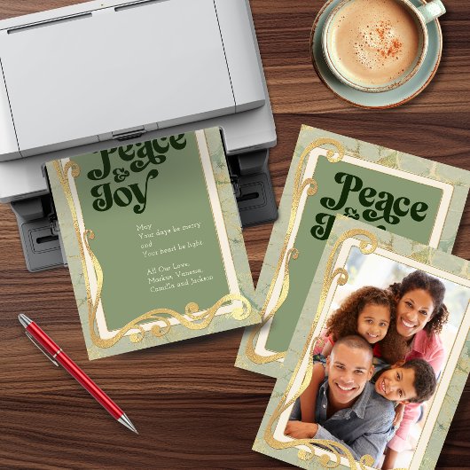 Vrede & Vreugde Salie groene en gouden fotocard Feestdagenkaart