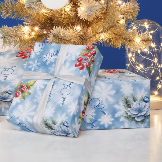 Vrede & Vreugde Vrolijke Kerstmis Blauwe Sneeuwvlo Cadeaupapier (Feestdagen)