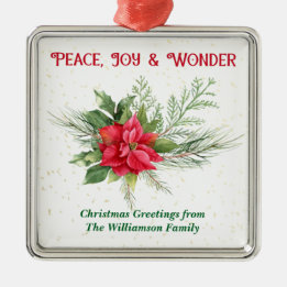 Vrede Vreugde & Wonder Rode Poinsettia Kerstmis Metalen Ornament