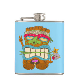 Vredelievende Tiki, Bloemige Hippie, Grappig Blauw Heupfles