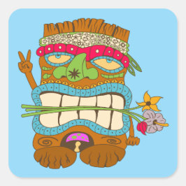 Vredelievende Tiki, Bloemige Hippie, Grappig Blauw Vierkante Sticker